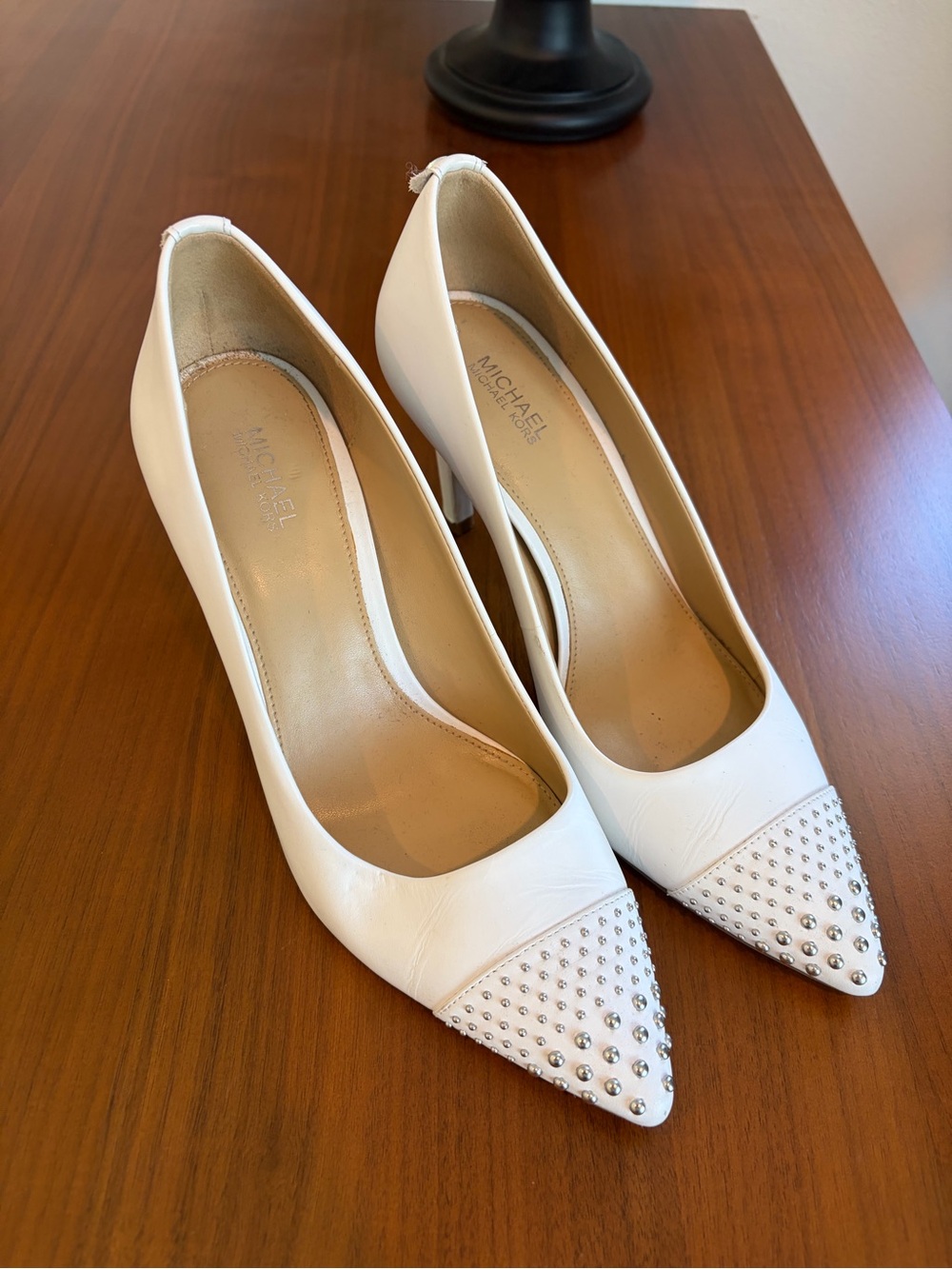 Michael Kors White Pointed-Toe Studded Leather Pumps